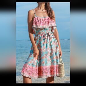 Boho Floral Paisley Flounce Bodice Midi Dress